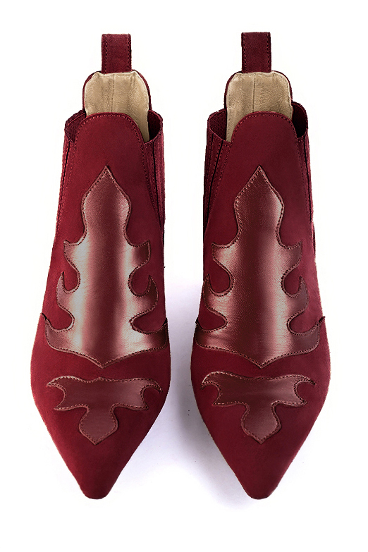 Burgundy red women's ankle boots, with elastics. Pointed toe. Medium cone heels. Top view - Florence KOOIJMAN